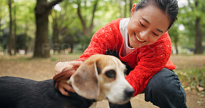 Buy stock photo Nature, laugh and woman with dog in forest for bonding, companion and love for adoption. Happy, connection and Japanese female person with beagle puppy for pet outdoor in woods for playing together.