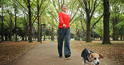Buy stock photo Park, woman and happy with walking dog for exercise, health and bonding in Japan. Outdoor, forest and female person as pet owner with animal for friendship, love and care with laughing for adoption