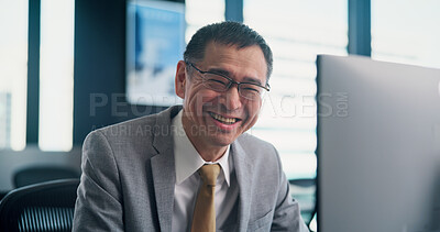 Buy stock photo Happy, portrait and Japanese businessman in office with confidence in finance career for company. Smile, pride and mature male financial executive with positive attitude for revenue investment growth