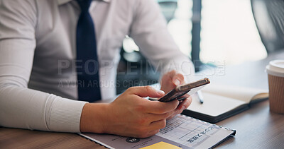 Buy stock photo Phone, hands and businessman in office with report for email with client communication. Document, cellphone and male financial planner with contact for online investment profit or revenue in Japan.