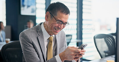 Buy stock photo Phone, happy and mature businessman in office with report for email with client communication. Laugh, cellphone and financial planner with contact for online investment profit or revenue in Japan.