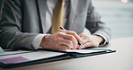 Business person, hands and writing with documents for corporate finance, proposal or budget planning at office. Japan, closeup or financial planner with paperwork or pen for company report or policy