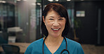 Portrait, Japanese woman and nurse at hospital with healthcare service, medical advice and about us. Mature surgeon, medicine and career ambition with pride, diagnosis and treatment wellness in Japan