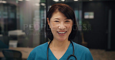 Buy stock photo Portrait, Japanese woman and nurse at hospital with healthcare service, medical advice and about us. Mature surgeon, medicine and career ambition with pride, diagnosis and treatment wellness in Japan