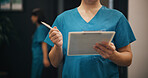 Hands, person and nurse with clipboard at clinic of medical referral, diagnosis report and insurance form. Surgeon, documents and healthcare with checklist, prescription and surgery schedule in Japan