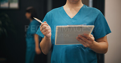 Buy stock photo Hands, person and nurse with clipboard at clinic of medical referral, diagnosis report and insurance form. Surgeon, documents and healthcare with checklist, prescription and surgery schedule in Japan