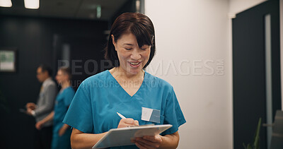 Buy stock photo Japanese woman, nurse and writing on clipboard of medical referral, diagnosis report and insurance. Mature surgeon, documents and healthcare with checklist, prescription and surgery schedule in Japan