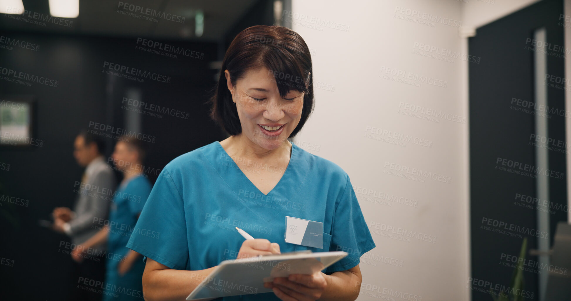 Buy stock photo Japanese woman, nurse and writing on clipboard of medical referral, diagnosis report and insurance. Mature surgeon, documents and healthcare with checklist, prescription and surgery schedule in Japan