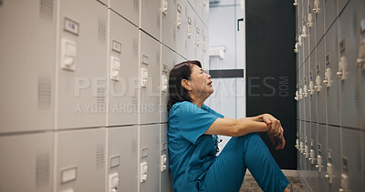 Buy stock photo Stress, woman and doctor crying in hospital with healthcare mistake, error or fail in treatment. Upset, burnout and female medical worker with grief for patient loss in surgery at clinic in Japan.