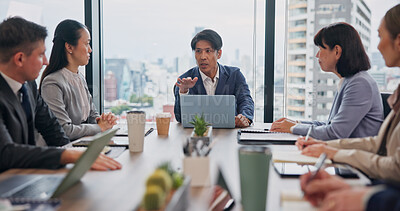 Buy stock photo Business, people and meeting office for teamwork, collaboration and discussion for project in Japan. Employees, boardroom and conversation with feedback, report and update or planning as accountant