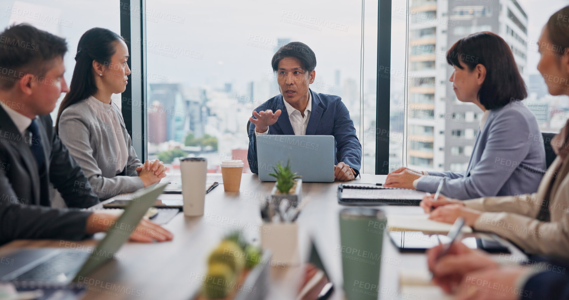 Buy stock photo Business, people and meeting office for teamwork, collaboration and discussion for project in Japan. Employees, boardroom and conversation with feedback, report and update or planning as accountant