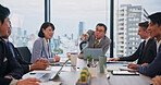 CEO, business people and team in meeting, planning or work delegation in Japan. Leader, instruction and group brainstorming project, discussion or investment briefing for results on laptop in office