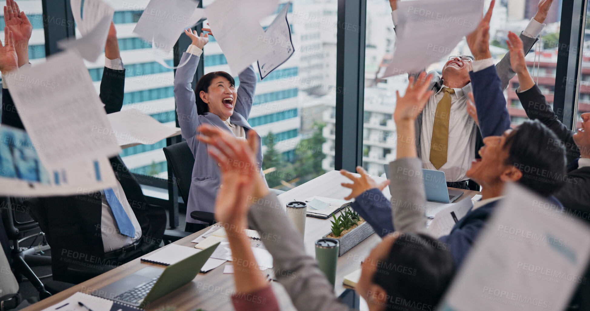 Buy stock photo Business people, paper throw and office with success, opportunity and victory in meeting. Japan, boardroom and wow with teamwork, collaboration and win with paperwork in air with excited staff