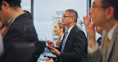 Buy stock photo Audience, conference and seminar with business people in office for development or learning. Corporate, education and event with Japanese employee group in professional workplace together as crowd
