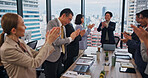 Business, people and smile with applause at boardroom for achievement or congratulations on investment in Japan. Office, employees and happy proud with clapping hands as accountant for teamwork