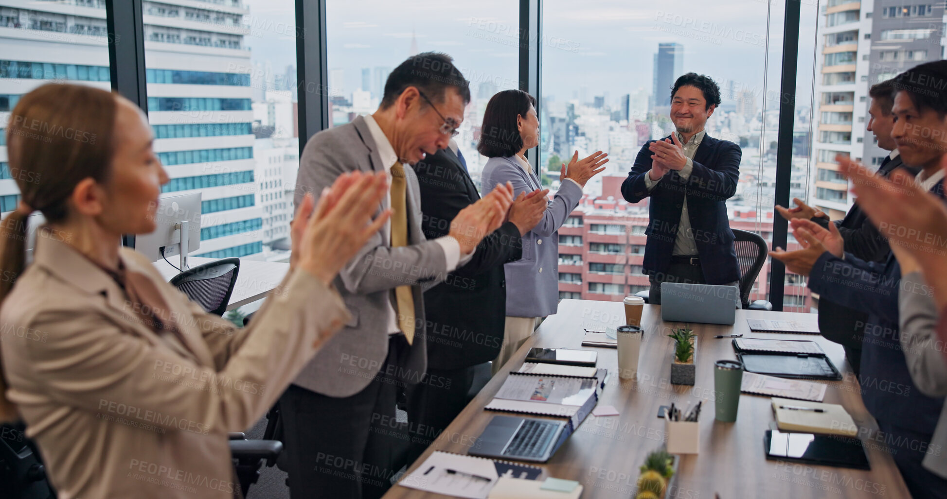 Buy stock photo Business, people and smile with applause at boardroom for achievement or congratulations on investment in Japan. Office, employees and happy proud with clapping hands as accountant for teamwork