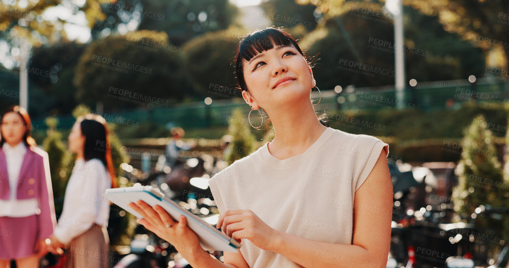 Buy stock photo Inspiration, tablet and thinking with business woman outdoor in Japan for planning or research. Future, idea and vision with happy Japanese employee in green park for app or social media browsing
