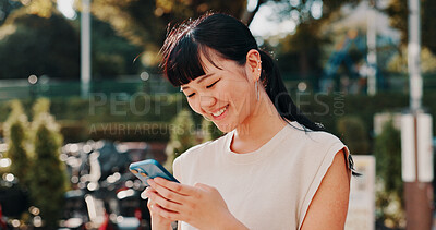 Buy stock photo City, online and happy Asian woman with phone for communication, social media and networking. Travel, weekend and person on smartphone for chatting, mobile app notification and website in Japan