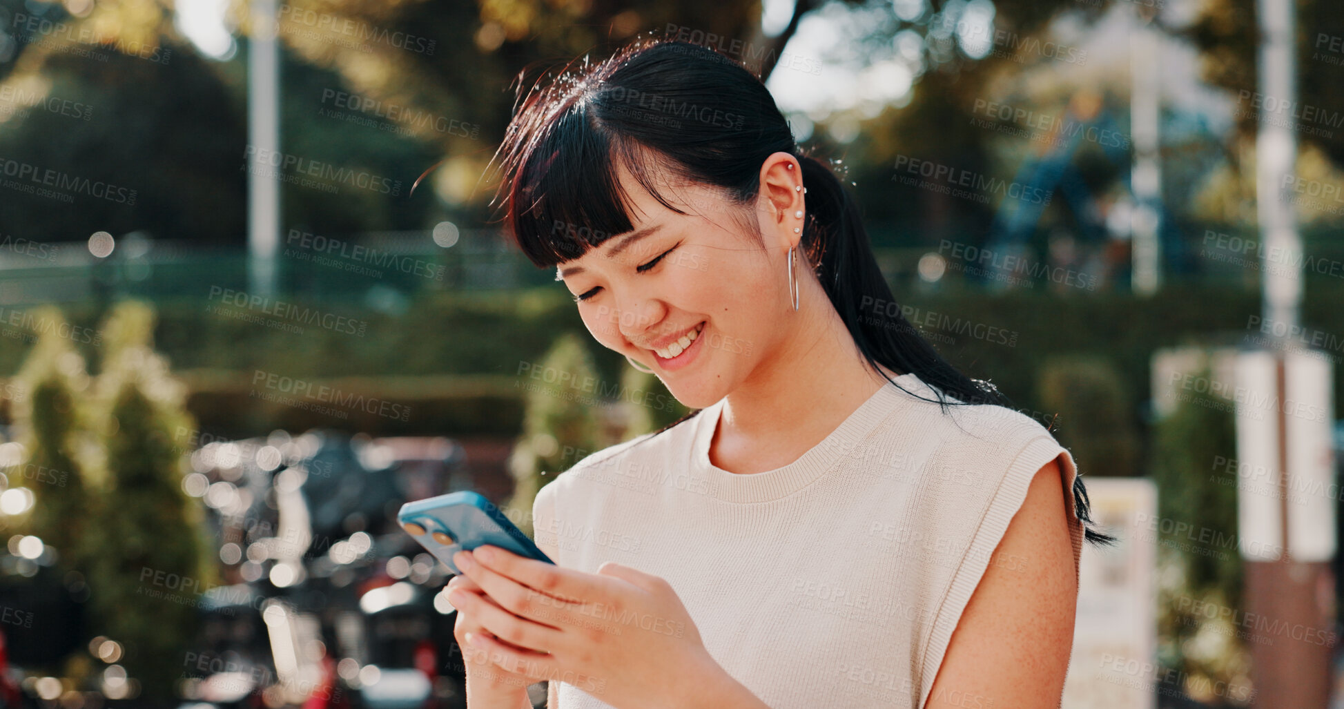 Buy stock photo City, online and happy Asian woman with phone for communication, social media and networking. Travel, weekend and person on smartphone for chatting, mobile app notification and website in Japan
