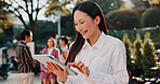 Business, japanese woman and tablet outdoor for online listing, urban development or networking. Professional, real estate agent or digital app for research reading web information or internet scroll