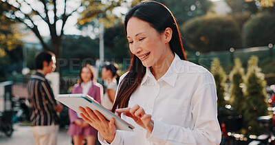 Buy stock photo Business, japanese woman and tablet outdoor for online listing, urban development or networking. Professional, real estate agent or digital app for research reading web information or internet scroll
