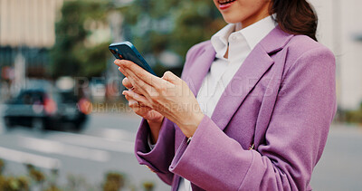 Buy stock photo City, business and hands of woman with phone for communication, social media and networking. Professional, travel commute and person on smartphone for online email, mobile app and website in Japan