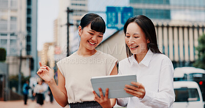 Buy stock photo Business women, tablet and friends in city with smile for notification, good news and excited for deal. People, partnership and digital touchscreen with app for contact, happy and project in Japan