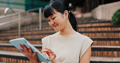 Buy stock photo Japanese woman, student and tablet with smile, thinking and idea for university or course on campus. Female person, tech and ideas for growth, education and learning in online schedule for curriculum
