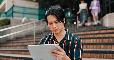 Buy stock photo Japanese man, city and tablet with outdoor, reading and planning for property or management. Male person, tech and ideas for growth, investment and opportunity in real estate development as architect