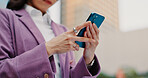City, business and hands of woman with phone for communication, social media and networking. Professional commute, travel and person on smartphone for online email, mobile app and website in Japan