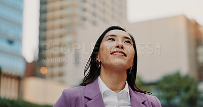 Buy stock photo Business woman, city and thinking with smile, travel and opportunity in Japan with idea in town. Professional, urban and outdoor with morning commute and inspiration of Japanese female person below