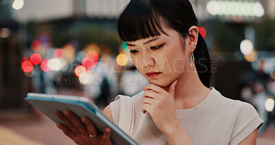 Buy stock photo Japanese woman, city street and tablet with thinking in planning, property and industry as architect. Female person, tech and night with ideas, investment and opportunity for real estate development