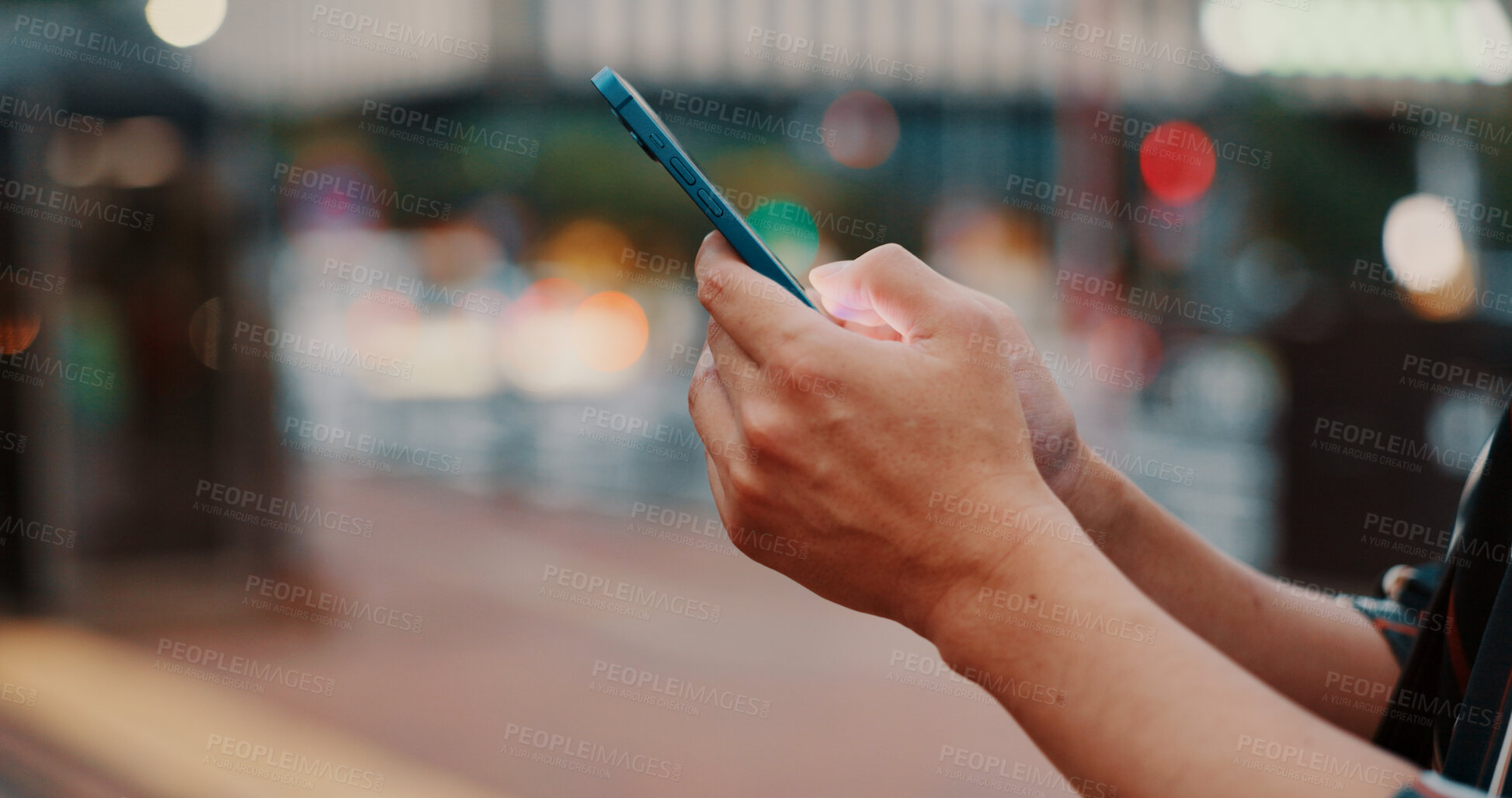 Buy stock photo City, hands and scroll with smartphone outdoor with night, playing game and browsing social media online. Japanese person, phone or internet search for travel schedule, web information or chat space