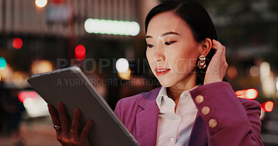 Buy stock photo Business, japanese woman and tablet in city for transport schedule, online booking or travel location search. Professional, person and digital app for destination research and reading web information