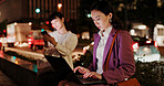 Night, woman and laptop in city for business, research deadline and connectivity in Yokohama. Japanese workaholic, typing or computer on dark sidewalk for late work, commitment or networking at bokeh