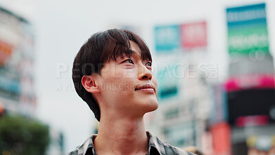 Buy stock photo City, thinking and japanese man with outdoor travel, sightseeing and holiday with weekend break. Idea, smile and Japan with vacation, adventure and journey in Tokyo on urban sidewalk with trip