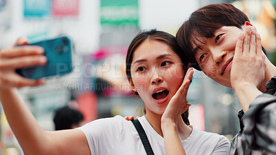 Buy stock photo City, selfie and wow with couple on street together in Japan for bonding, love or tourism. Happy, photograph and surprise of Japanese woman with man in urban town for holiday, travel or vacation