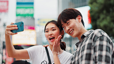 Buy stock photo City, selfie and surprise with couple on street together in Japan for bonding, love or tourism. Memory, photograph and smile of Japanese woman with man in urban town for holiday, travel or vacation