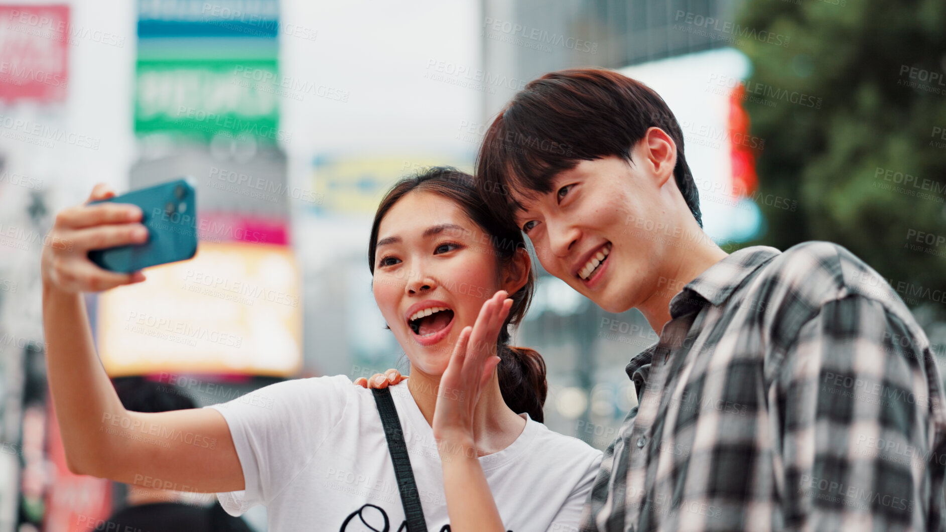 Buy stock photo City, selfie and surprise with couple on street together in Japan for bonding, love or tourism. Memory, photograph and smile of Japanese woman with man in urban town for holiday, travel or vacation