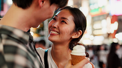Buy stock photo Japan, love and couple in city, ice cream and bonding together with happiness. Outdoor, man and woman in street, romance and relationship with sweet snack, conversation and care with tourism and fun