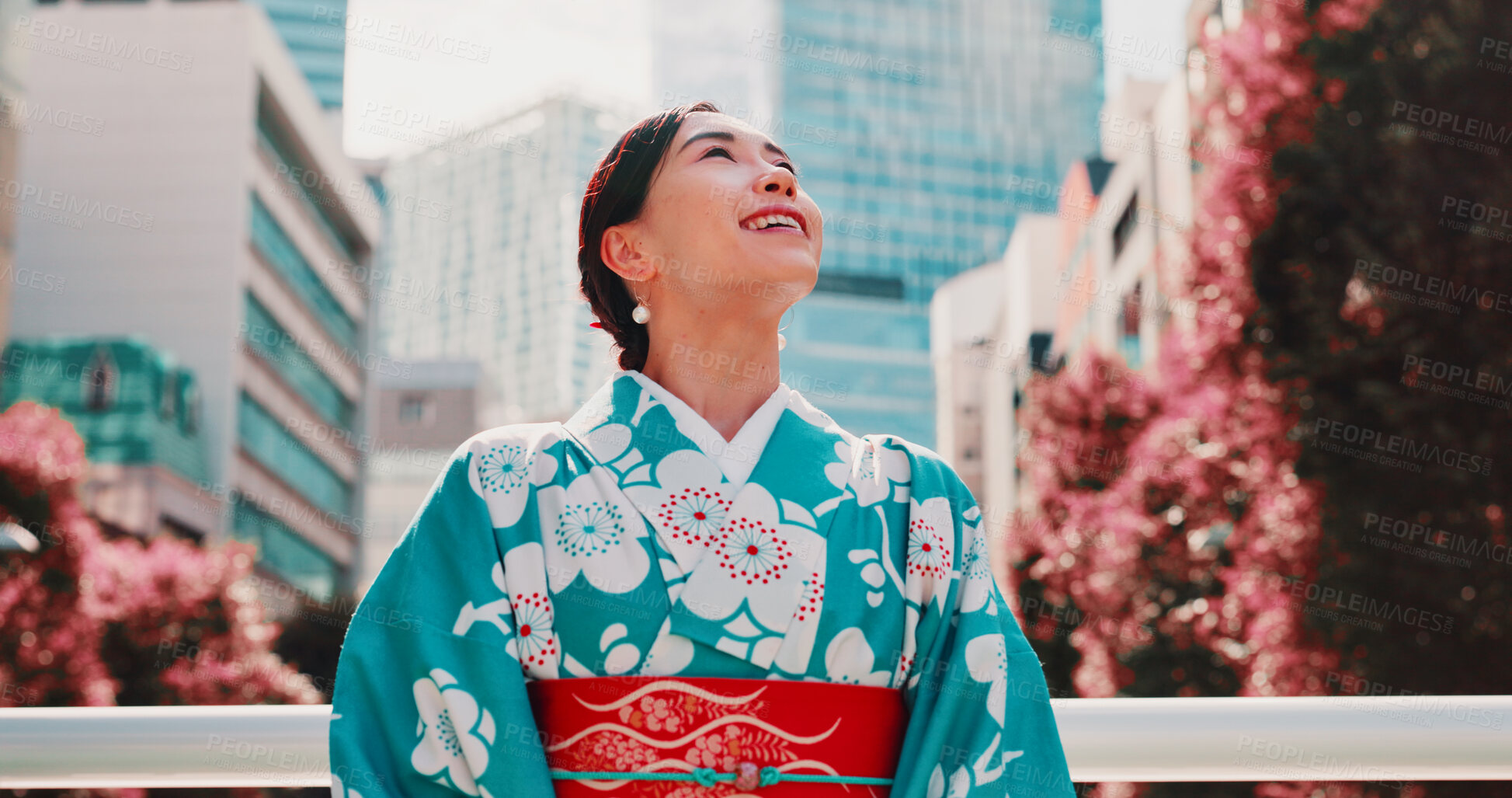 Buy stock photo City, smile and woman with kimono, thinking and outdoor sightseeing adventure in traditional fashion. Urban culture, identity and girl in Japanese clothes, happy face and morning travel in low angle