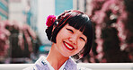 City, smile and portrait of happy woman with kimono, confidence and sightseeing adventure in traditional fashion. Urban, identity and face of girl in Japanese clothes,  culture and morning travel