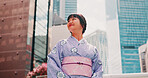 City, smile and face of woman with kimono, thinking and outdoor sightseeing adventure in traditional fashion. Urban culture, identity and girl in Japanese clothes, happy ideas and morning travel