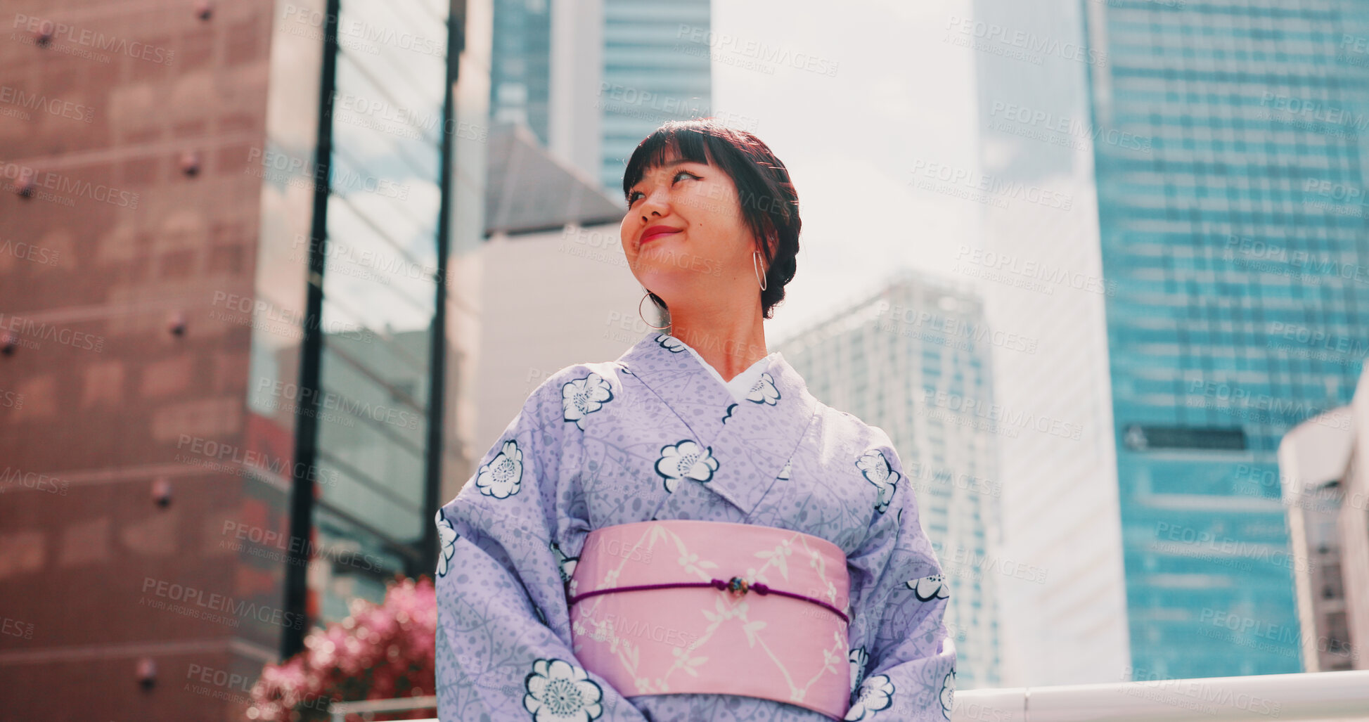 Buy stock photo City, smile and face of woman with kimono, thinking and outdoor sightseeing adventure in traditional fashion. Urban culture, identity and girl in Japanese clothes, happy ideas and morning travel