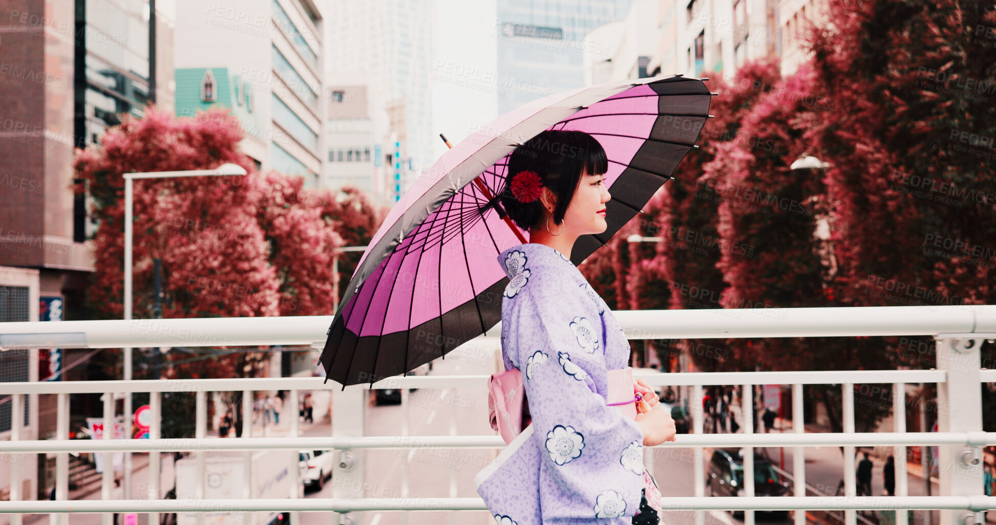 Buy stock photo City, umbrella and woman in kimono walking on bridge with smile, morning travel or sightseeing adventure. Fashion, spring and Japanese girl in traditional clothes, parasol or culture on urban commute