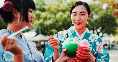 Buy stock photo Kimono, slushy and toast with Japanese women outdoor in city together for bonding as friends. Cheers, kakigori and smile of happy people eating at carnival for culture, heritage or tradition