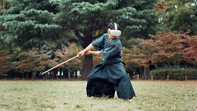 Buy stock photo VR, nature and Asian man with sword for martial arts, Kendo practice and exercise. Culture, heritage and person with shinai, virtual reality tech and goggles for skills, fight and training in Japan