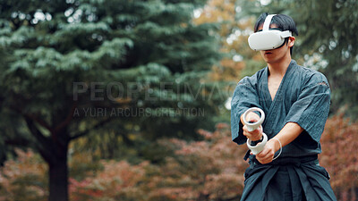 Buy stock photo Virtual reality, controller and Asian man with technology for martial arts, Kendo practice and exercise. Culture, Japan and person with shinai, VR goggles and metaverse for skill, fight and training