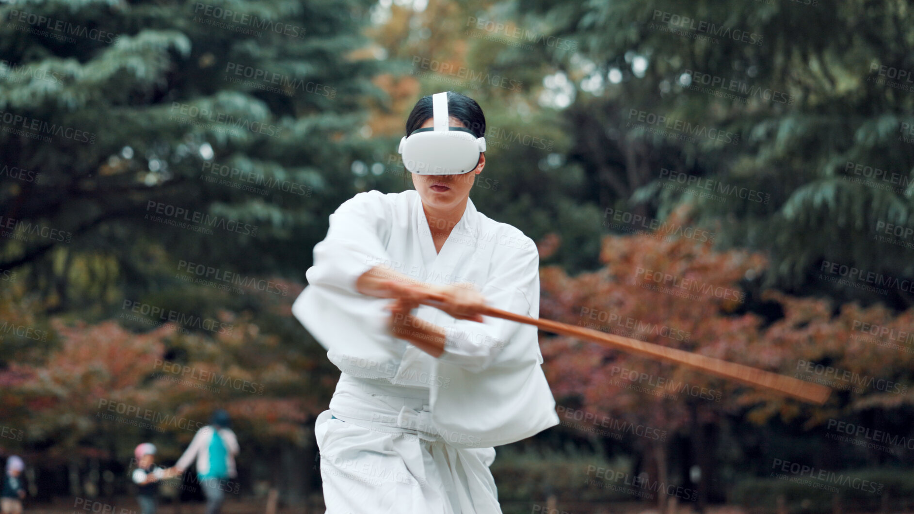 Buy stock photo Virtual reality, sword and Asian woman for martial arts, Kendo practice and exercise in nature. Culture, metaverse and person with shinai, VR tech and goggles for skill, fight and training in Japan