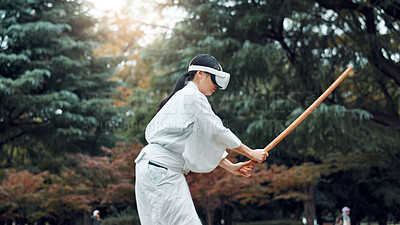 Buy stock photo Virtual reality, cyber and Asian woman with sword for martial arts, Kendo practice and exercise. Culture, metaverse and person with shinai, VR tech and goggles for skill, fight and training in Japan